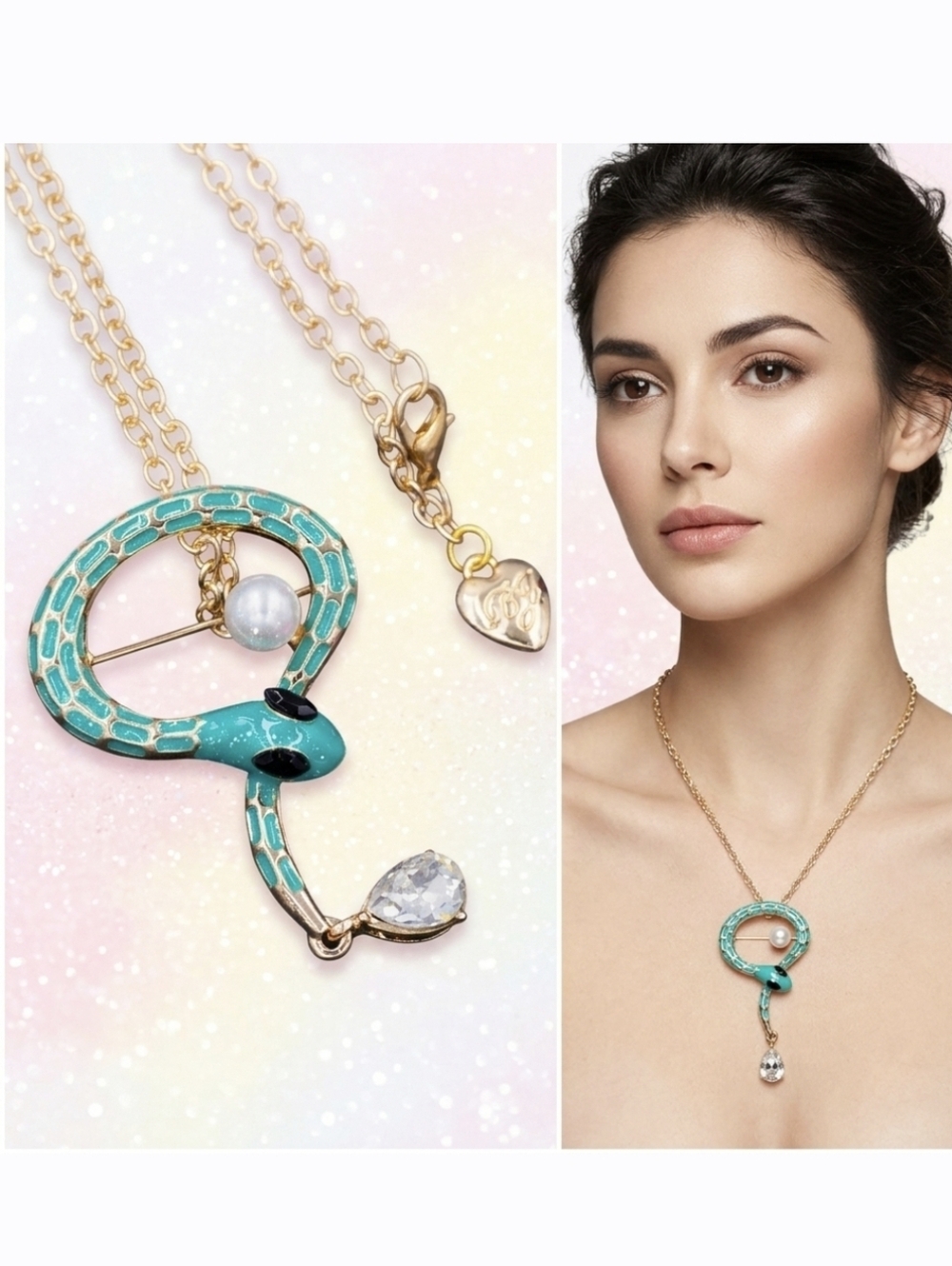 Gold plated teal crystal snake nacklace/brooch